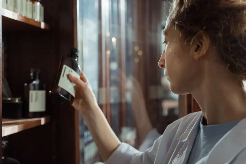Mitarbeiterin nimmt ein Arzneimittel aus dem Regal einer Apotheke