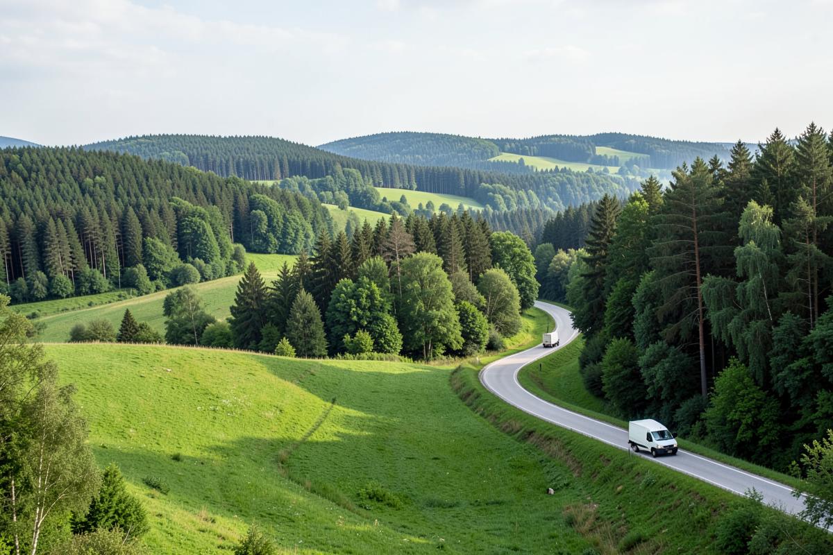 Bewaldete Hügellandschaft im Westerwald mit Landstraße