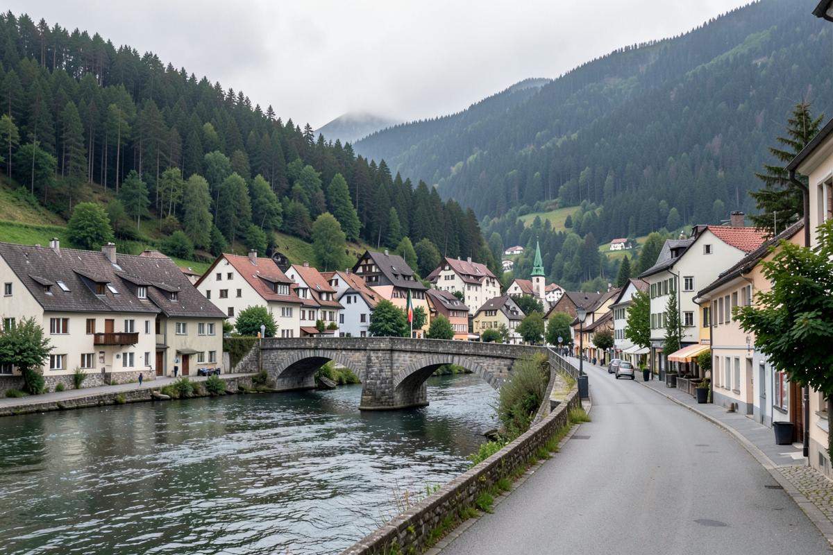 Wissen an der Sieg mit Steinbrücke und bewaldeten Hängen