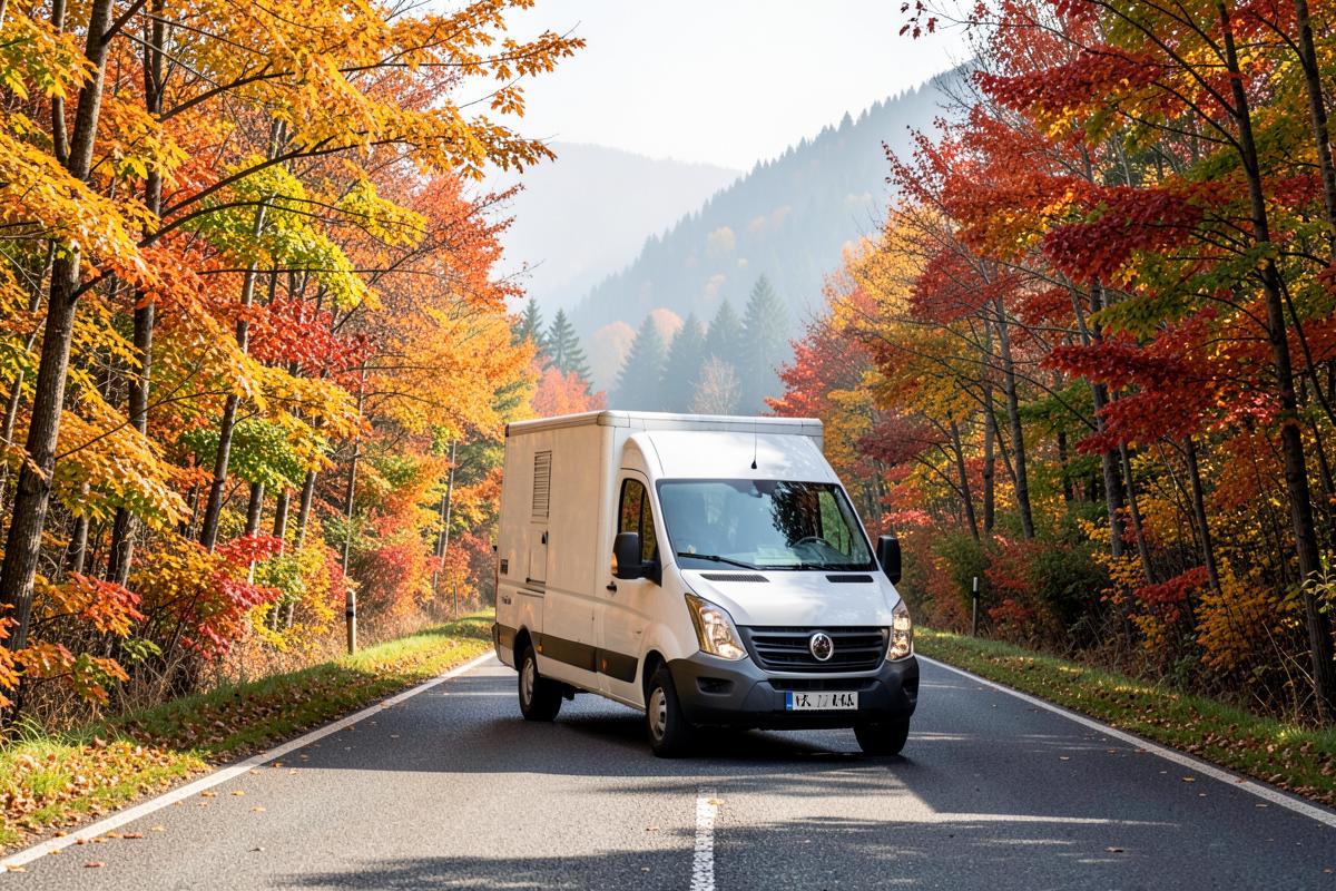 Transporter auf einer herbstlich gefärbten Allee – Touren nach Siegen