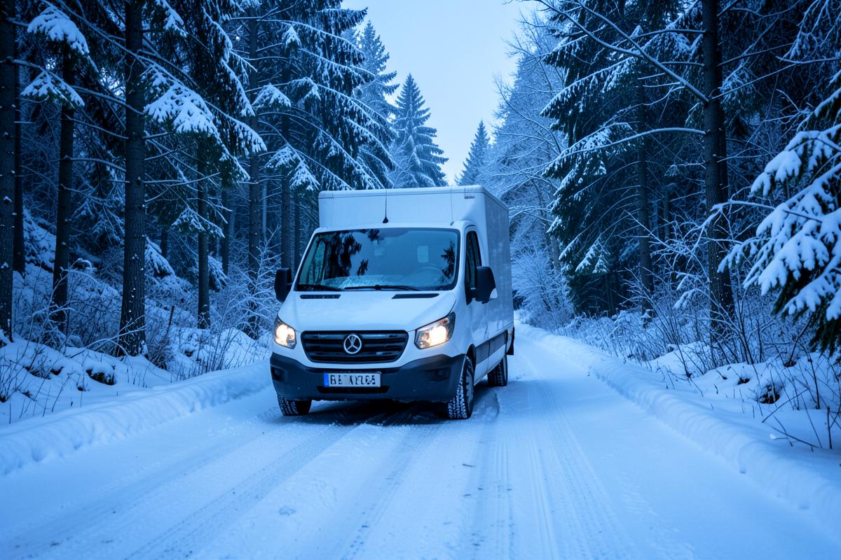Transporter auf einer verschneiten Waldstraße im Winter – Touren nach Altenkirchen