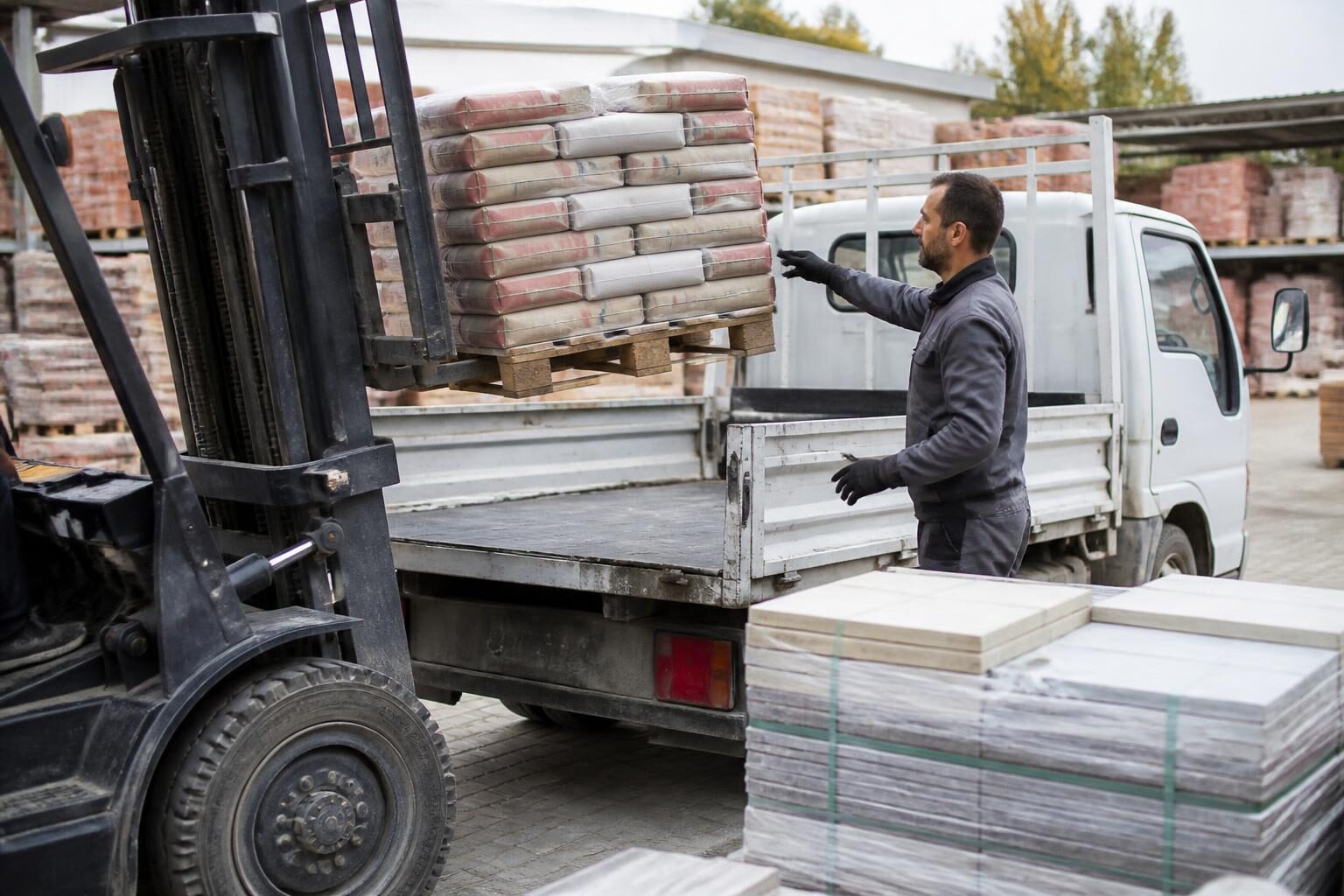 Transporter wird mit Baustoffen an einem Baustoffhandel beladen