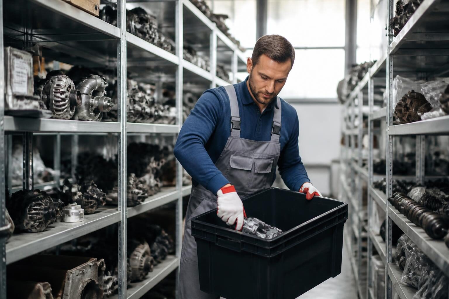 Kommissionierte Ersatzteile beim Verladen in einen Transporter