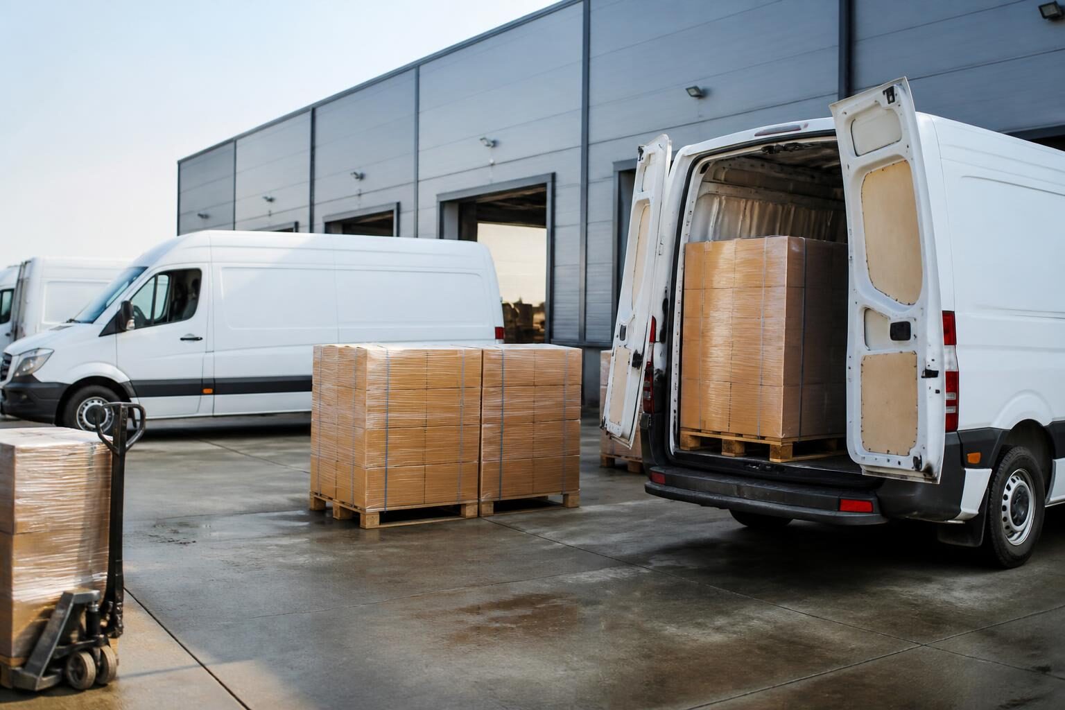 Transporter an der Laderampe eines Logistikzentrums neben Sattelzügen