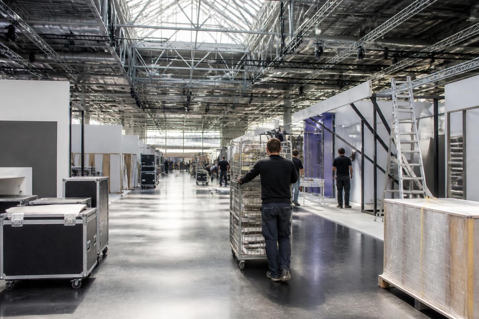 Flightcases und Standelemente vor einem Transporter in einer Messehalle