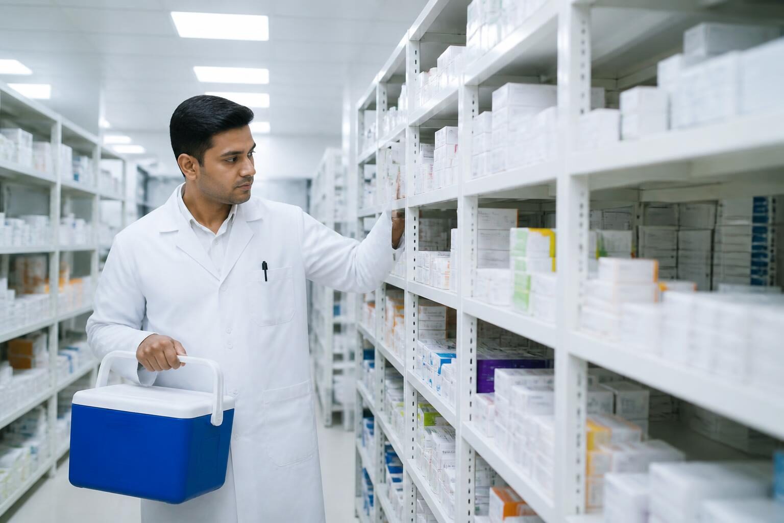 Transportbehälter werden an einer Apotheke übergeben
